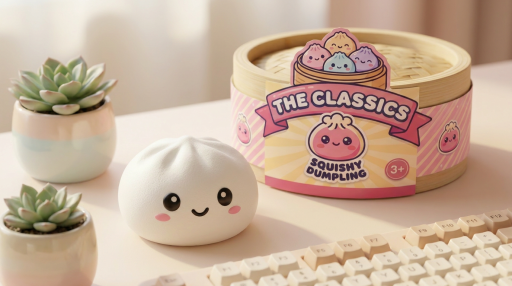 Dumpling Squishy Sneeuwwit met Bamboe Mandje in zijn kawaii omgeving