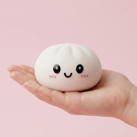 Dumpling Squishy Sneeuwwit met Bamboe Mandje in de hand gehouden, echte grootte