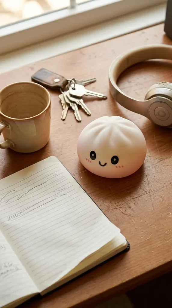 Dumpling Squishy Sneeuwwit met Bamboe Mandje op het bureau