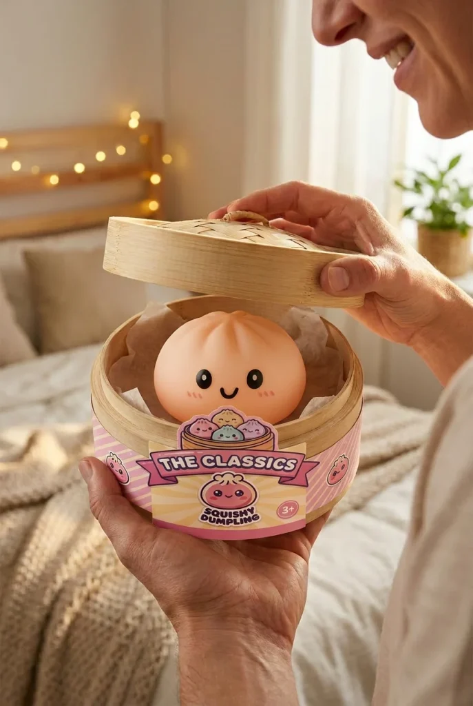 Dumpling Squishy Sneeuwwit met Bamboe Mandje tijdens het uitpakken