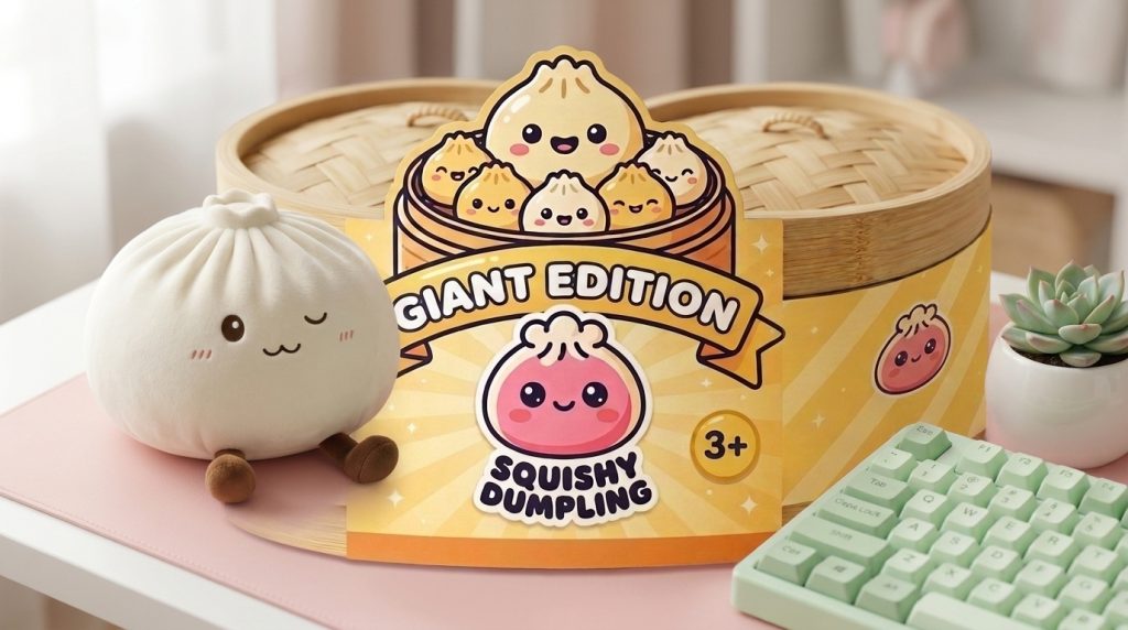 Dumplings Squishy Toy XXL Wit Knuffel-Dumpling in zijn kawaii omgeving
