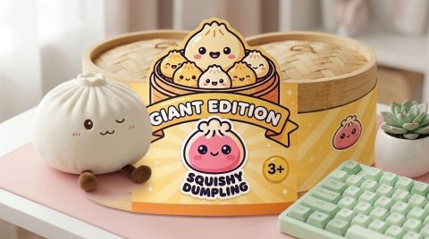 Dumplings Squishy Toy XXL Wit Knuffel-Dumpling in zijn kawaii omgeving