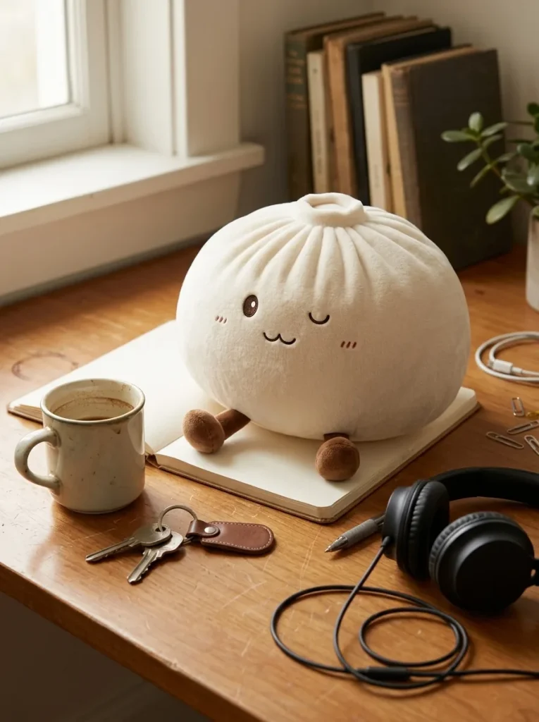 Dumplings Squishy Toy XXL Wit Knuffel-Dumpling op het bureau