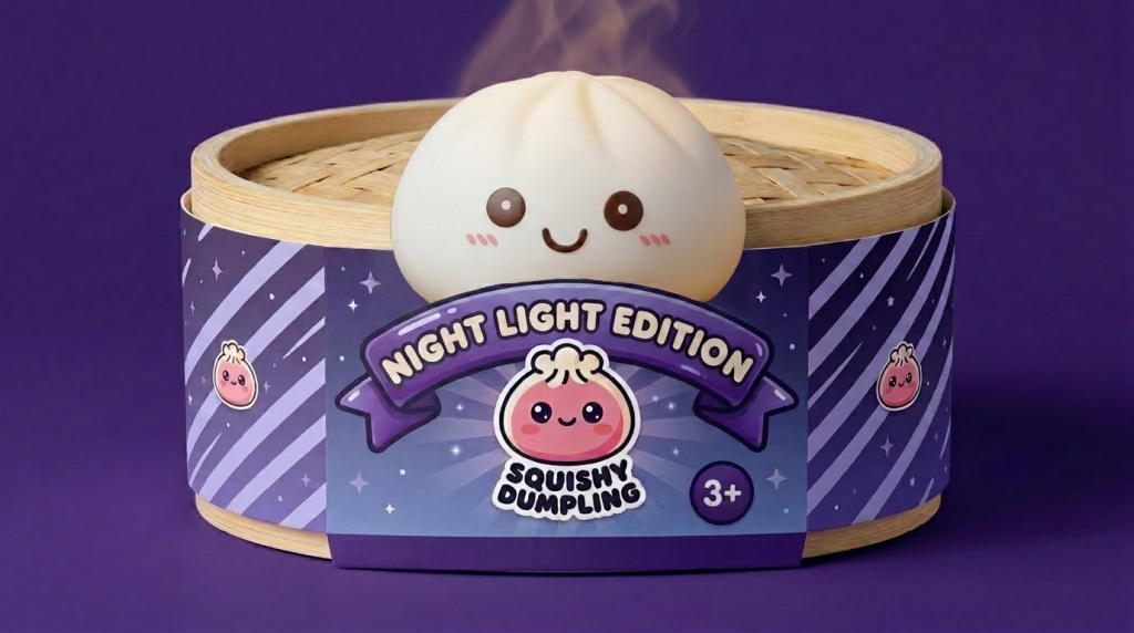 Dumpling Squishy Nachtlampje Maanlicht Wit in het bamboe stoommandje