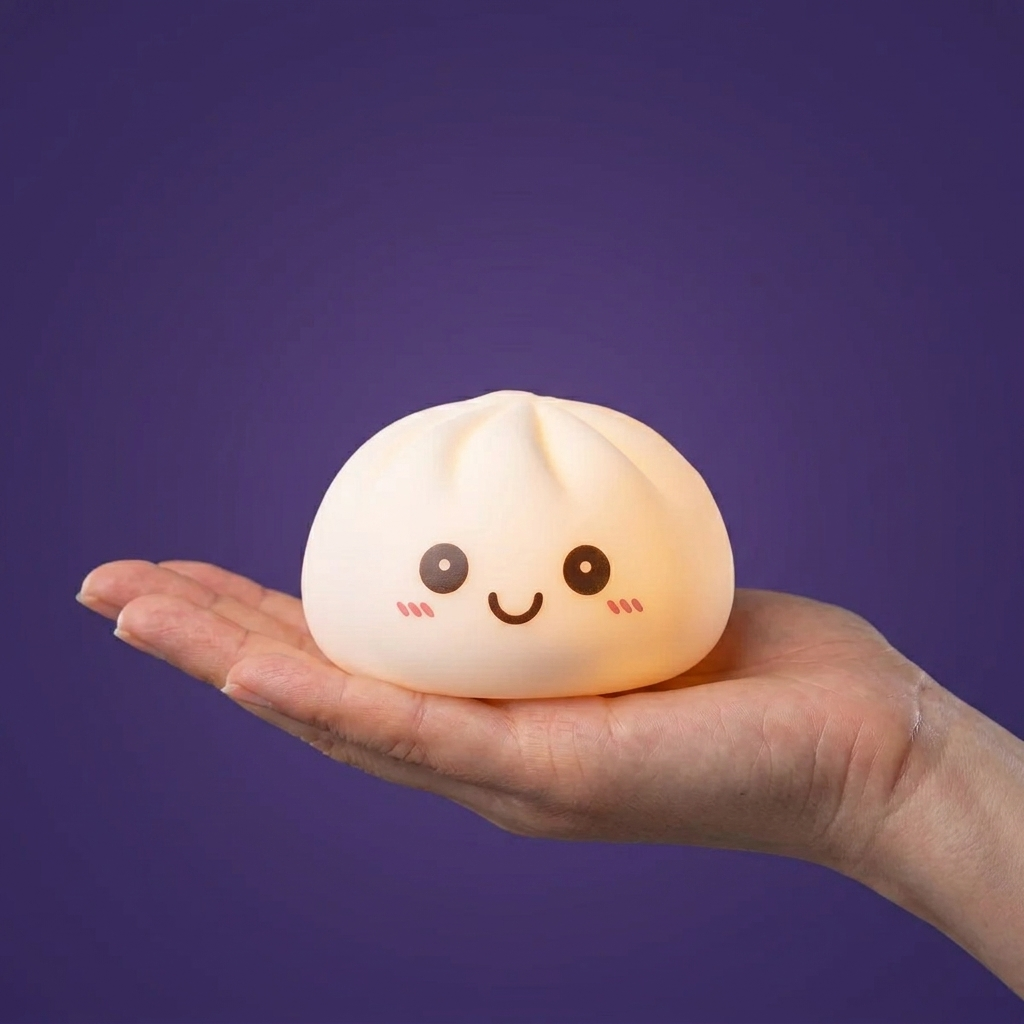 Dumpling Squishy Nachtlampje Maanlicht Wit in de hand gehouden, echte grootte