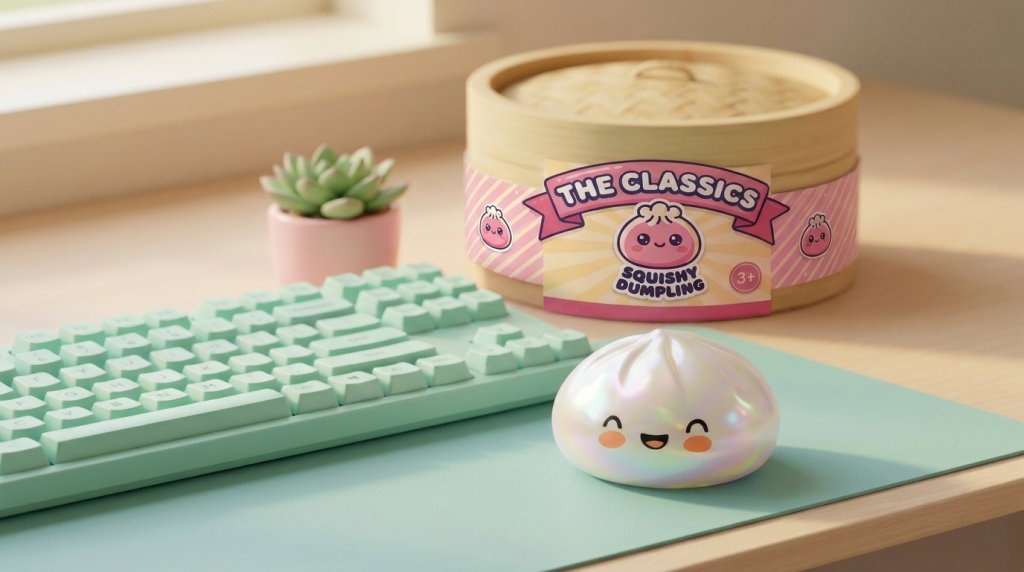 Dumpling Squishy Blanc Wolkwit Editie in zijn kawaii omgeving