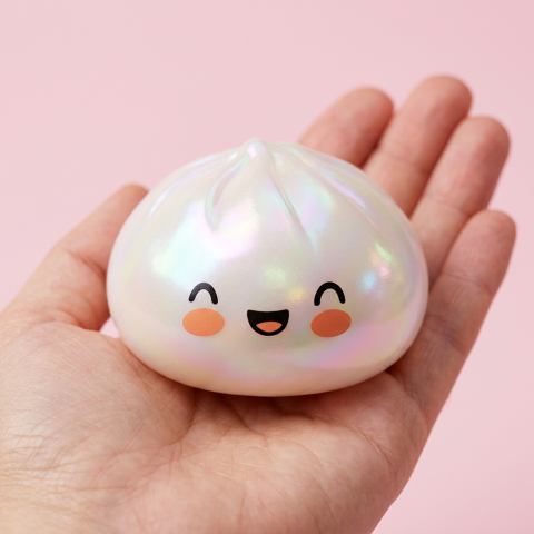 Dumpling Squishy Blanc Wolkwit Editie in de hand gehouden, echte grootte