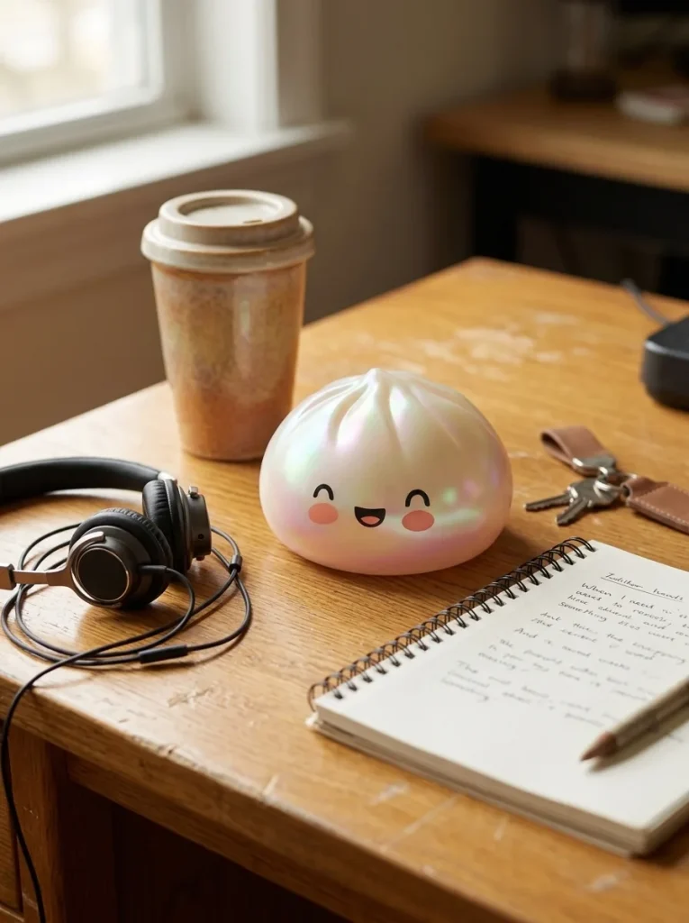 Dumpling Squishy Blanc Wolkwit Editie op het bureau