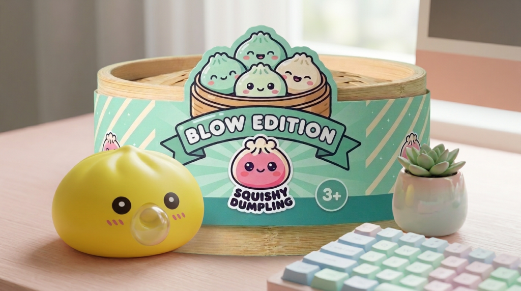 Jumbo Dumpling Squishy Geel met Bamboe Mandje in zijn kawaii omgeving