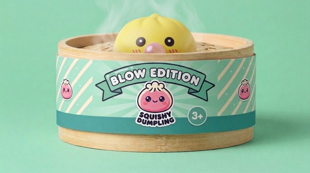 Jumbo Dumpling Squishy Geel met Bamboe Mandje in het bamboe stoommandje