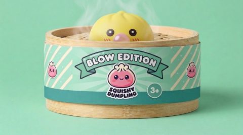 Jumbo Dumpling Squishy Geel met Bamboe Mandje in het bamboe stoommandje