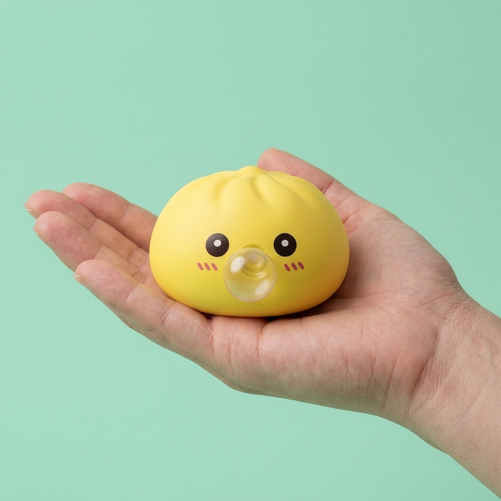 Jumbo Dumpling Squishy Geel met Bamboe Mandje in de hand gehouden, echte grootte