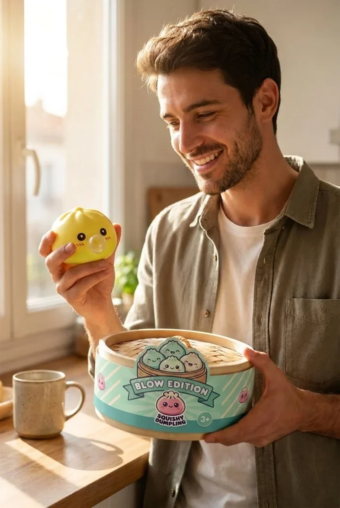 Jumbo Dumpling Squishy Geel met Bamboe Mandje met zijn doos