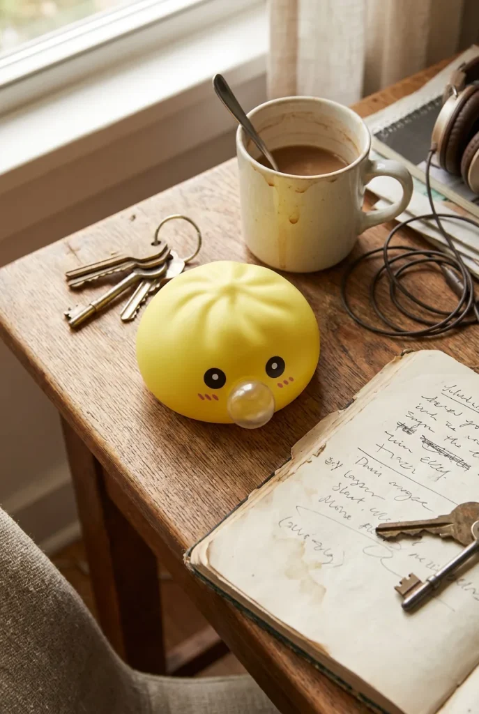 Jumbo Dumpling Squishy Geel met Bamboe Mandje op het bureau
