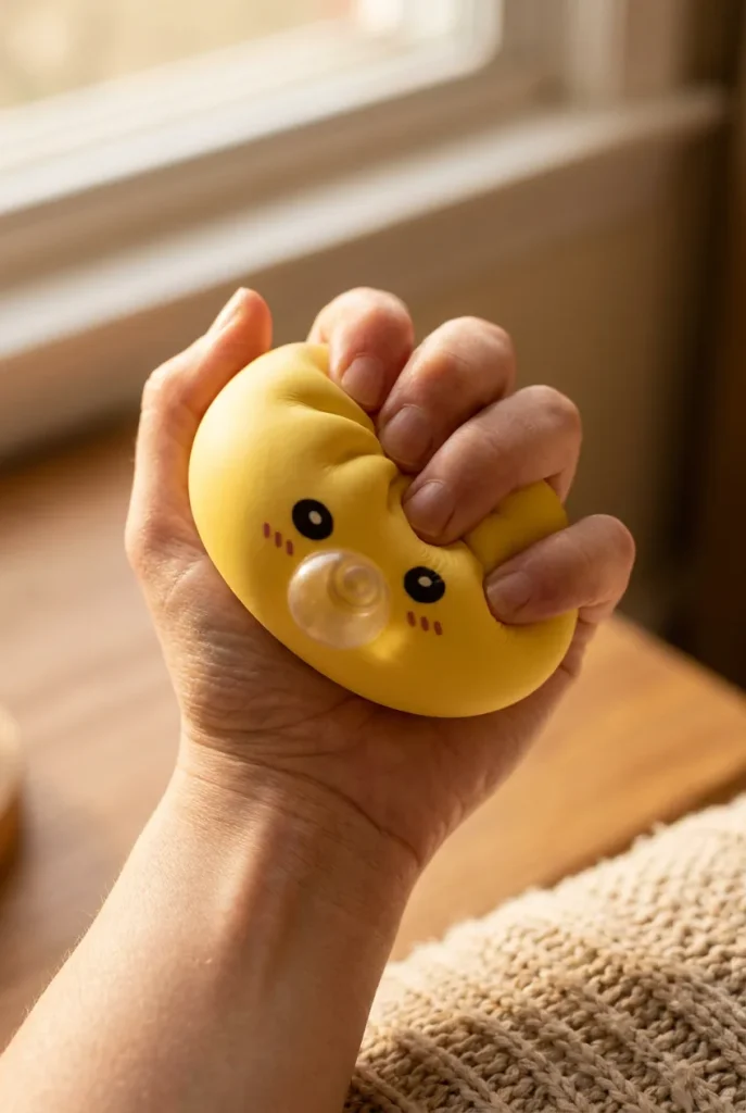 Jumbo Dumpling Squishy Geel met Bamboe Mandje tijdens het knijpen