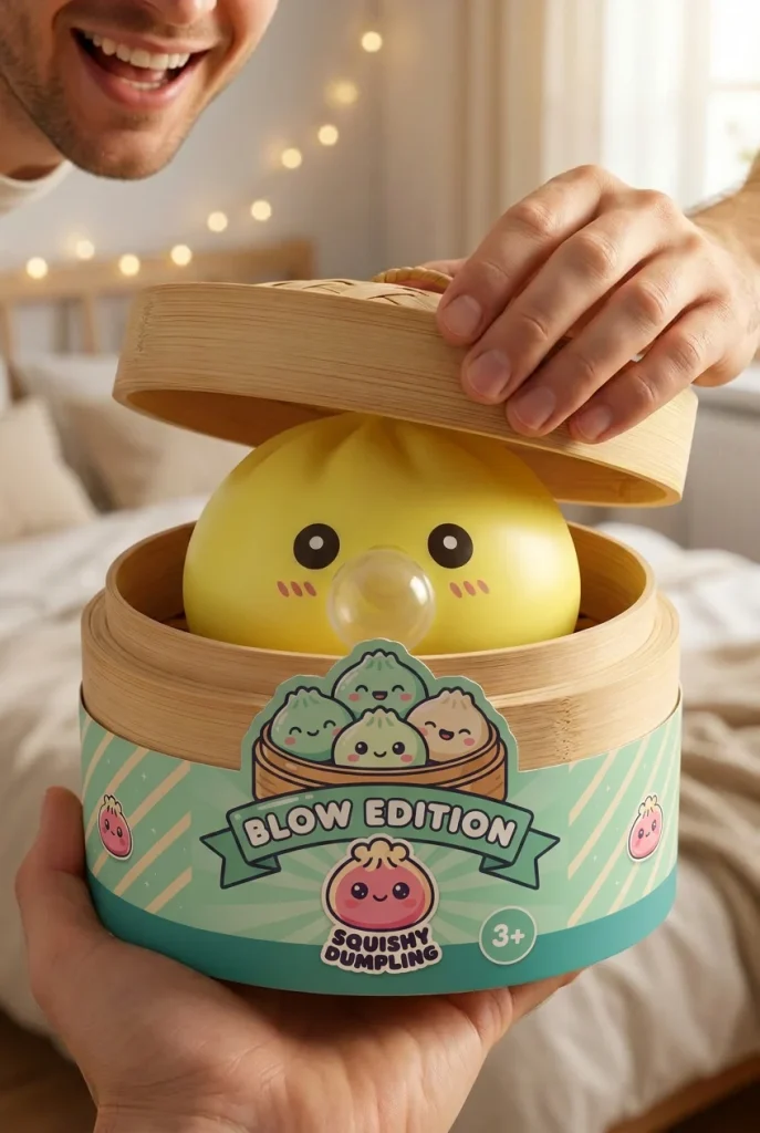 Jumbo Dumpling Squishy Geel met Bamboe Mandje tijdens het uitpakken