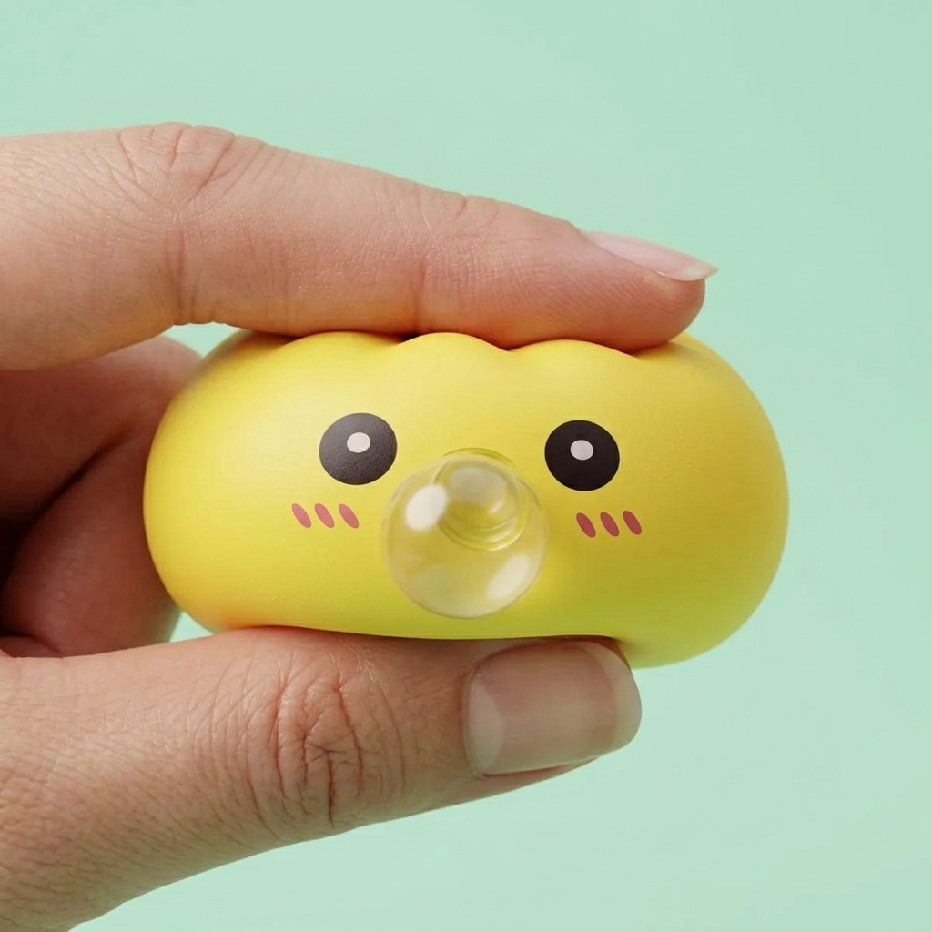 Jumbo Dumpling Squishy Geel met Bamboe Mandje — slow-rise effect, het schuim vert langzaam terug
