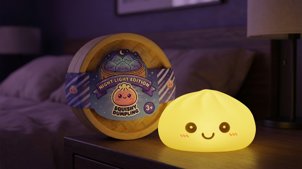 Dumpling Squishy Nachtlampje Zonnig Geel in zijn kawaii omgeving