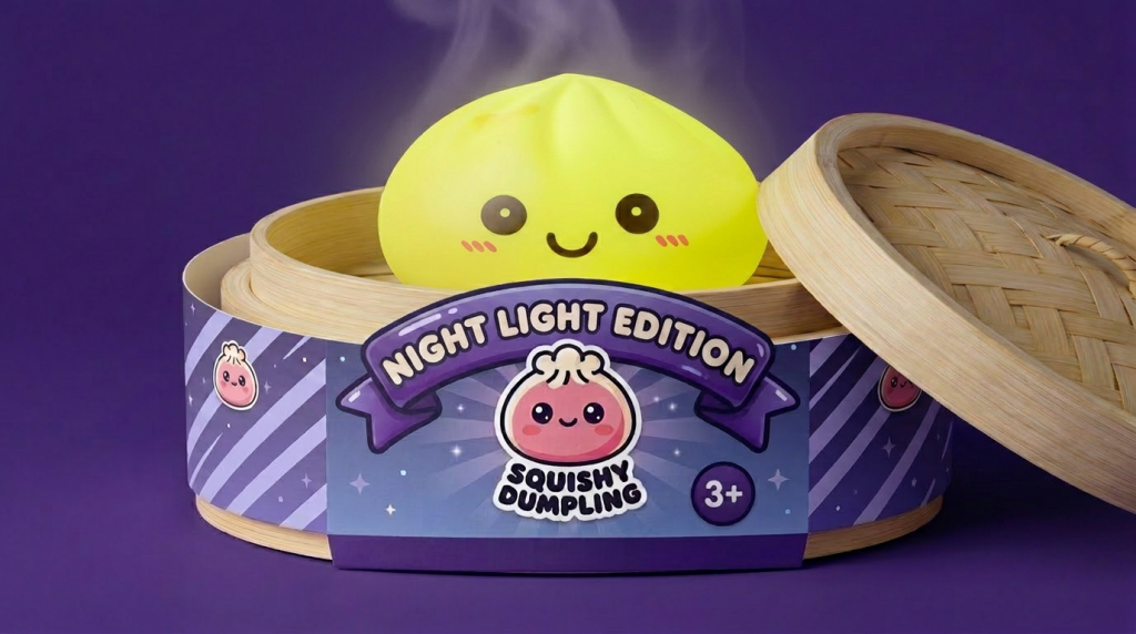 Dumpling Squishy Nachtlampje Zonnig Geel in het bamboe stoommandje