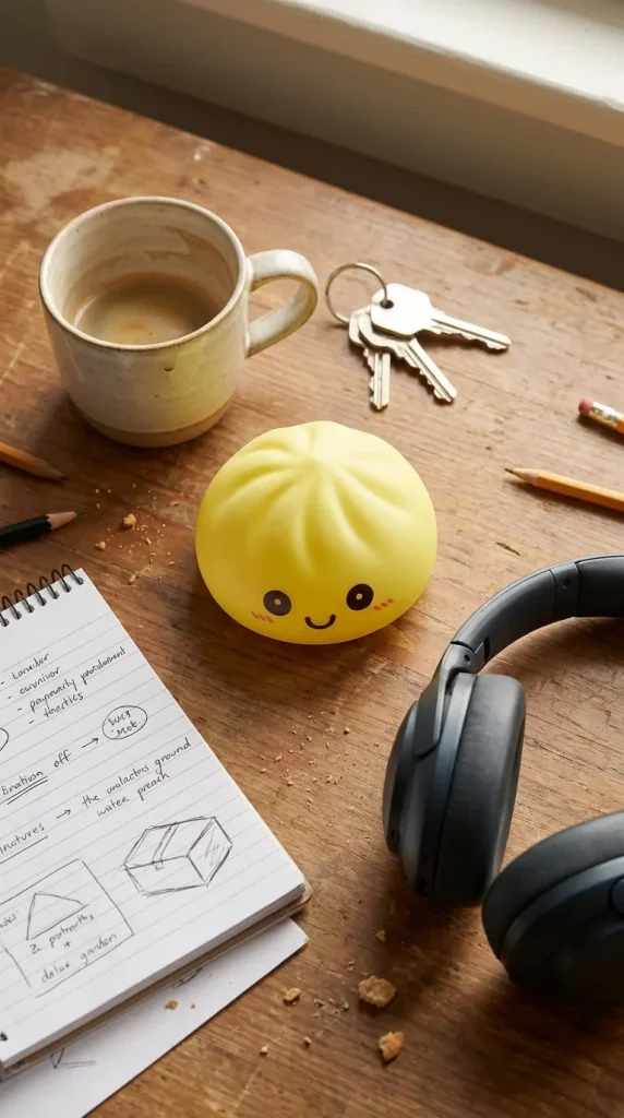 Dumpling Squishy Nachtlampje Zonnig Geel op het bureau