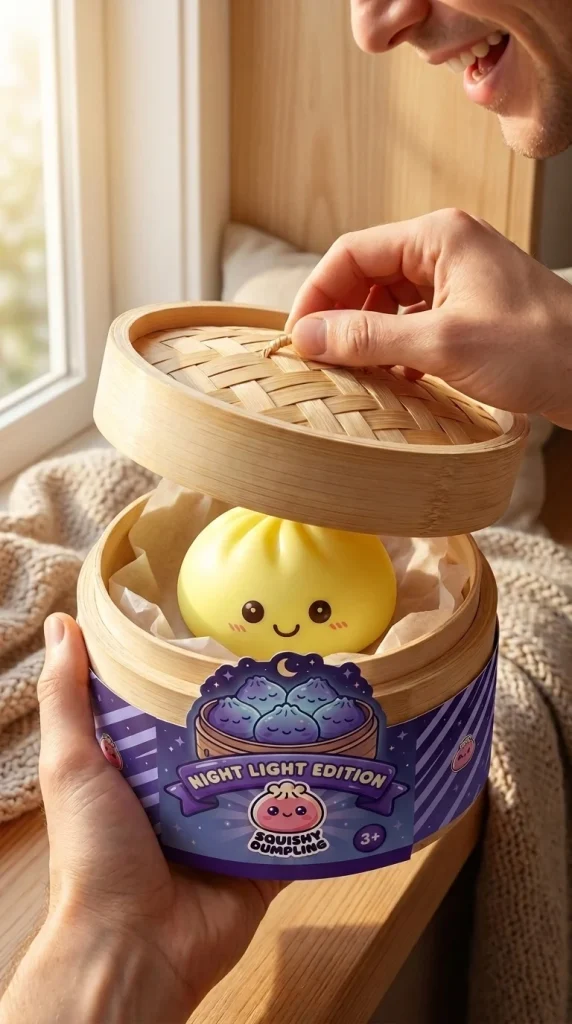 Dumpling Squishy Nachtlampje Zonnig Geel tijdens het uitpakken