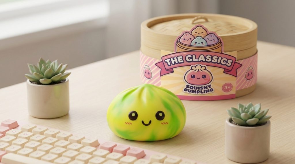 Tie Dye Dumpling Squishy Citroengeel in zijn kawaii omgeving