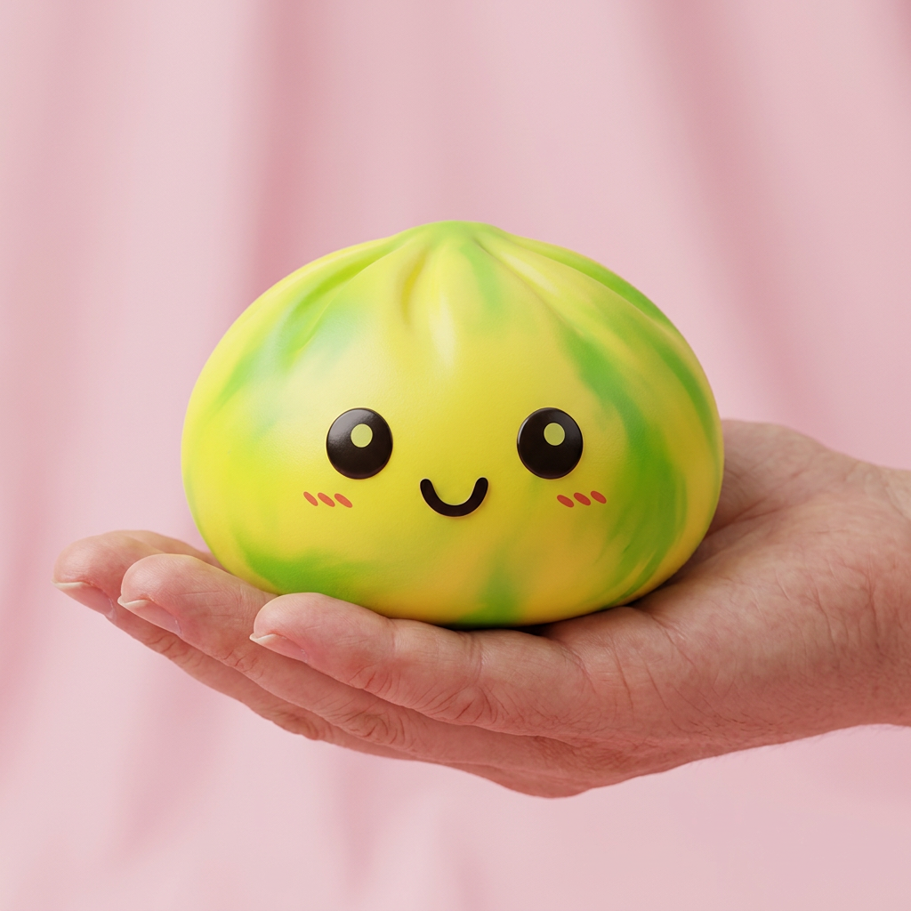 Tie Dye Dumpling Squishy Citroengeel in de hand gehouden, echte grootte