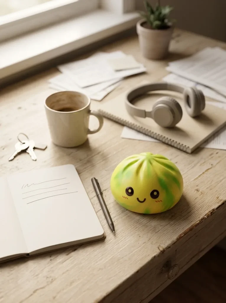 Tie Dye Dumpling Squishy Citroengeel op het bureau