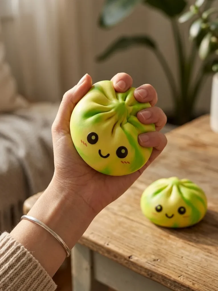 Tie Dye Dumpling Squishy Citroengeel tijdens het knijpen