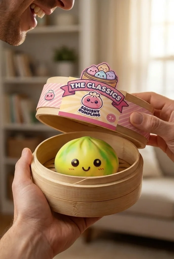 Tie Dye Dumpling Squishy Citroengeel tijdens het uitpakken
