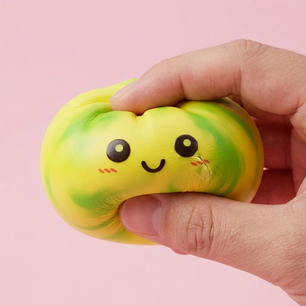 Tie Dye Dumpling Squishy Citroengeel — slow-rise effect, het schuim vert langzaam terug