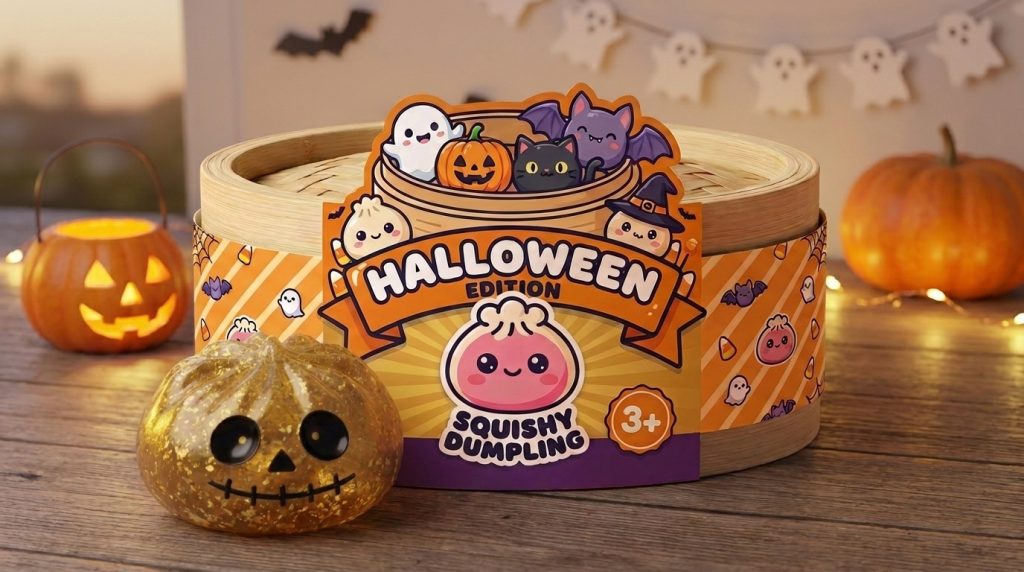 Dumpling Squishy Zombie Halloween Glitter Goud in zijn kawaii omgeving