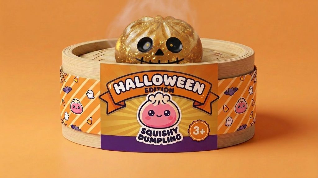 Dumpling Squishy Zombie Halloween Glitter Goud in het bamboe stoommandje