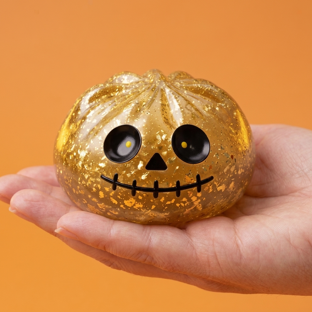 Dumpling Squishy Zombie Halloween Glitter Goud in de hand gehouden, echte grootte