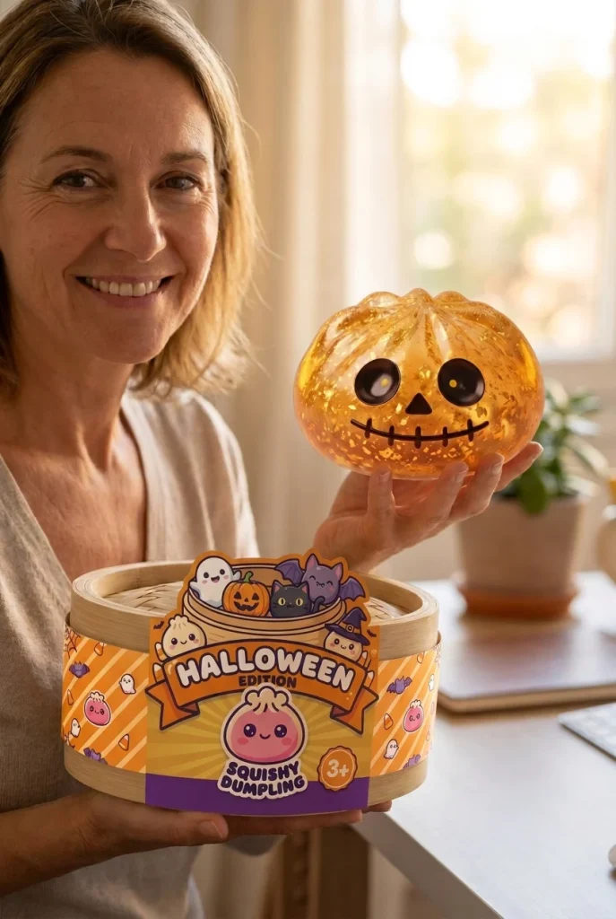 Dumpling Squishy Zombie Halloween Glitter Goud met zijn doos