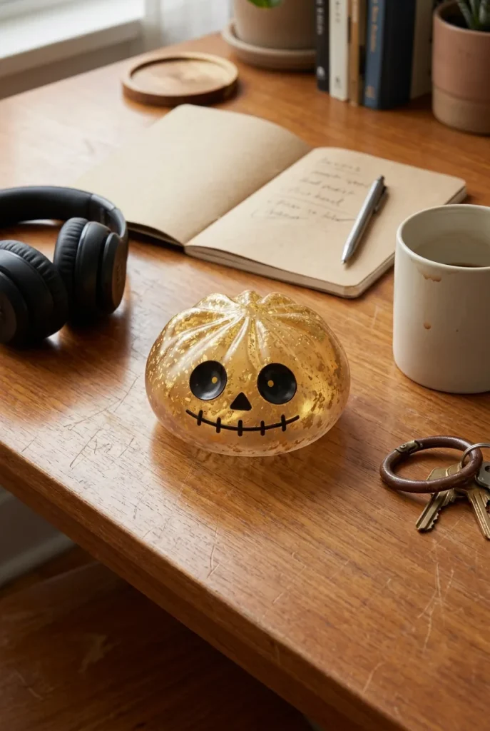 Dumpling Squishy Zombie Halloween Glitter Goud op het bureau