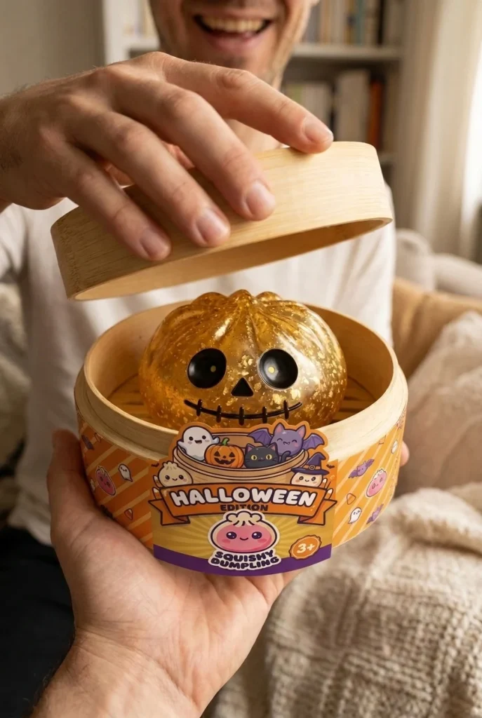 Dumpling Squishy Zombie Halloween Glitter Goud tijdens het uitpakken