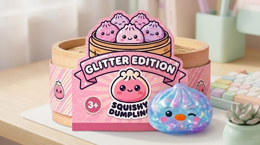 Dumpling Squishy Pinguïn Blauw Galaxy in zijn kawaii omgeving