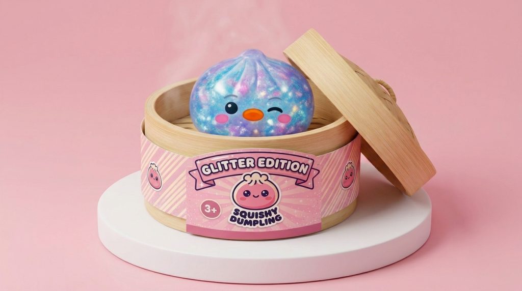 Dumpling Squishy Pinguïn Blauw Galaxy in het bamboe stoommandje