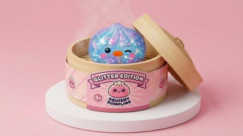Dumpling Squishy Pinguïn Blauw Galaxy in het bamboe stoommandje
