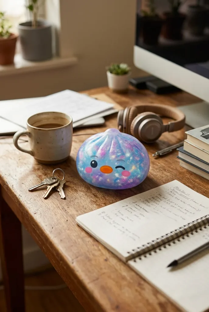 Dumpling Squishy Pinguïn Blauw Galaxy op het bureau