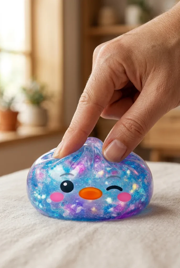 Dumpling Squishy Pinguïn Blauw Galaxy tijdens het knijpen