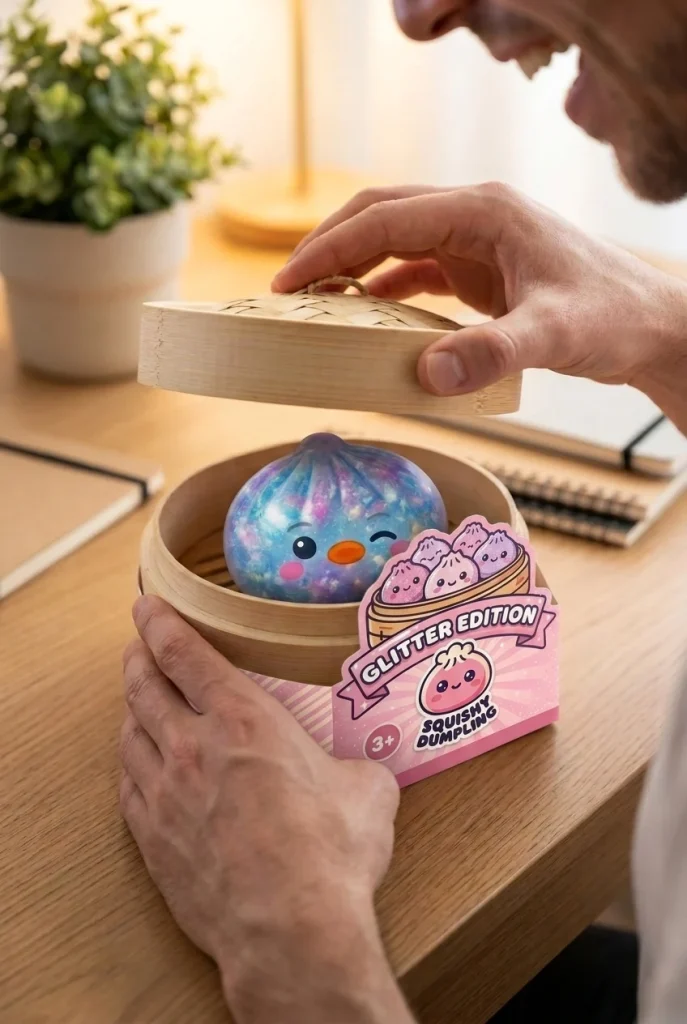 Dumpling Squishy Pinguïn Blauw Galaxy tijdens het uitpakken