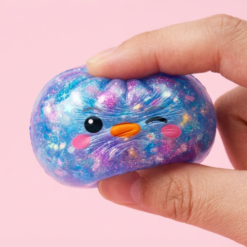 Dumpling Squishy Pinguïn Blauw Galaxy — slow-rise effect, het schuim vert langzaam terug