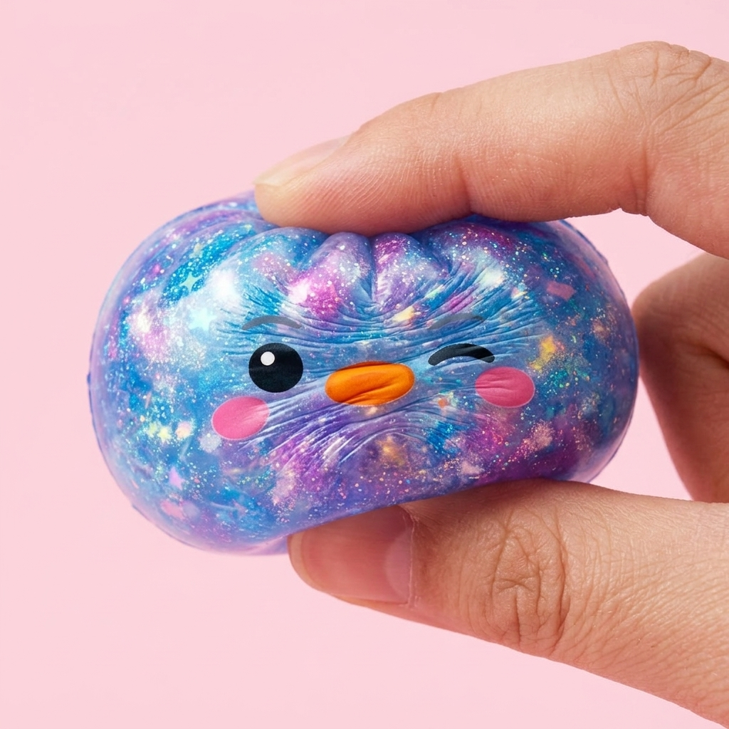 Dumpling Squishy Pinguïn Blauw Galaxy — slow-rise effect, het schuim vert langzaam terug