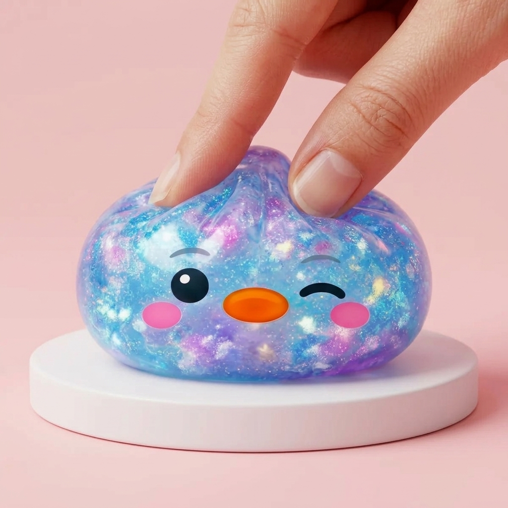Dumpling Squishy Pinguïn Blauw Galaxy tijdens het knijpen, zacht materiaal