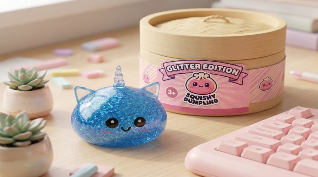 Dumpling Squishy Eenhoorn Glitter Blauw in zijn kawaii omgeving