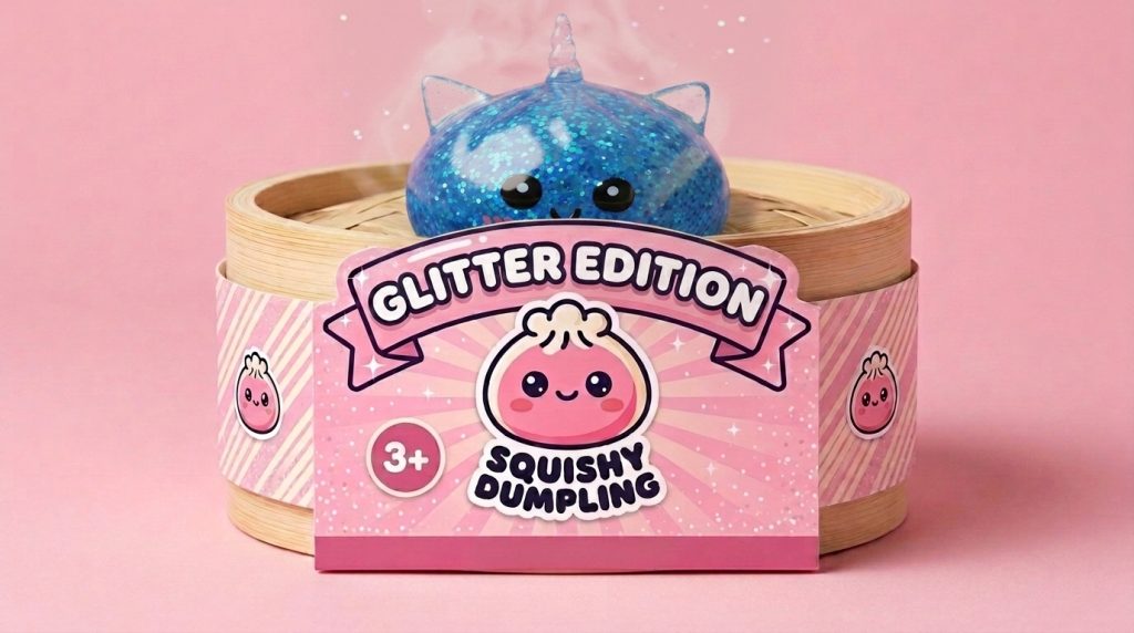 Dumpling Squishy Eenhoorn Glitter Blauw in het bamboe stoommandje
