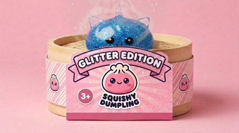 Dumpling Squishy Eenhoorn Glitter Blauw in het bamboe stoommandje