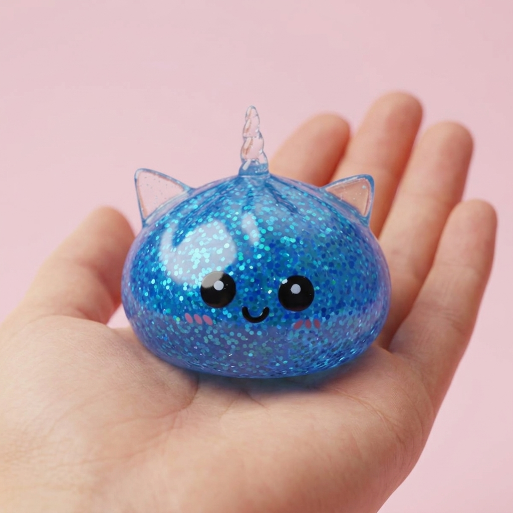 Dumpling Squishy Eenhoorn Glitter Blauw in de hand gehouden, echte grootte